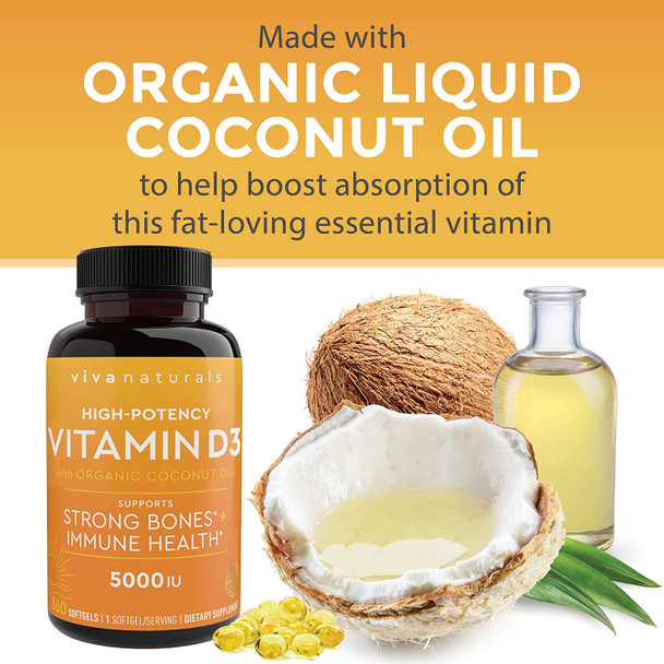 Vitamin D3 5000 IU (360 Softgels) - High Potency Vitamin D Supplements for Healthy Immune Function, Bones & Muscles, Made with Organic Coconut Oil