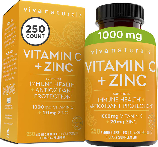 Vitamin C with Zinc (250 Veggie Capsules) - Vitamin C 1000mg and Zinc 20mg with Citrus Bioflavonoids and Rose Hips, Immune Support Supplement and Powerful Antioxidant