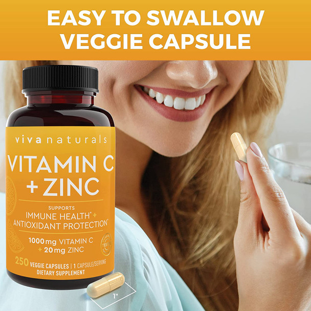 Vitamin C with Zinc (250 Veggie Capsules) - Vitamin C 1000mg and Zinc 20mg with Citrus Bioflavonoids and Rose Hips, Immune Support Supplement and Powerful Antioxidant
