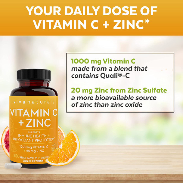 Vitamin C with Zinc (250 Veggie Capsules) - Vitamin C 1000mg and Zinc 20mg with Citrus Bioflavonoids and Rose Hips, Immune Support Supplement and Powerful Antioxidant