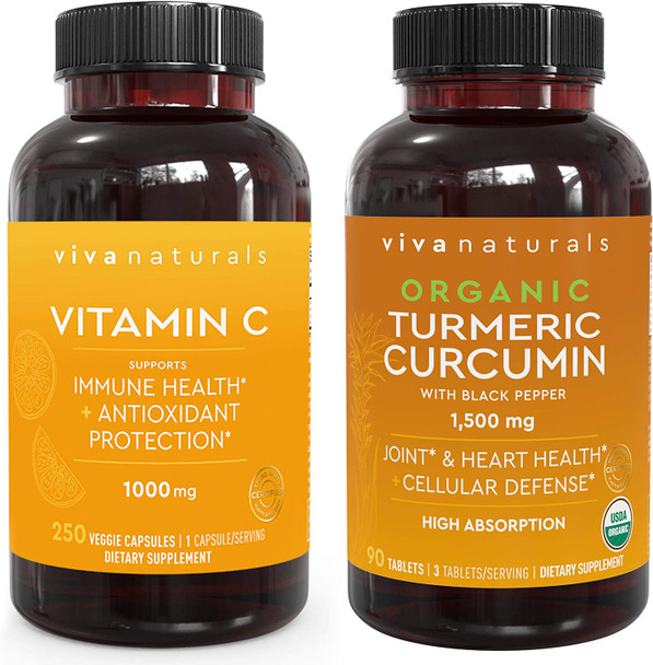 Viva Naturals Vitamin C 1000mg (250 Capsules) and Organic Turmeric Curcumin 1500mg (90 Tablets) Bundle