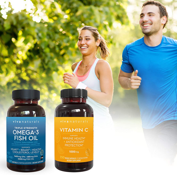 Viva Naturals Vitamin C 1000mg (250 Capsules) and Omega 3 Fish Oil (180 Capsules) Bundle