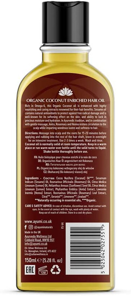 Ayumi Organic Coconut Enriched Hair Oil, Enhanced With Nourishing & Strenghtening Extracts, Rich in Omega 6 For Circulation & Hair Growth - 1 x 150ml