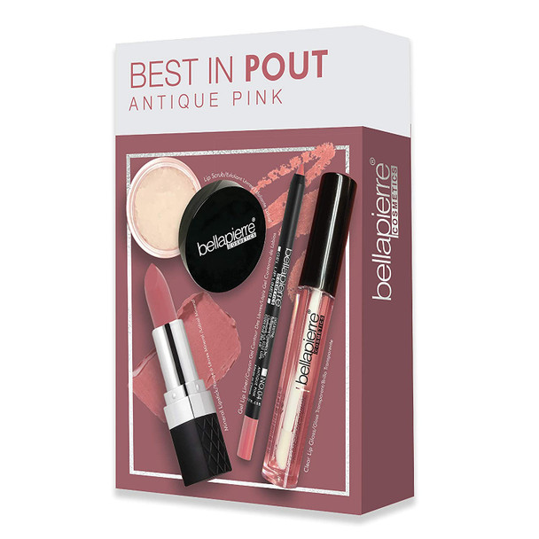 bellapierre Best in Pout Kit | Lip Scrub, Mineral Lipstick, Gel Lip Liner & Clear Lip Gloss | Non-Toxic and Paraben Free | Oil and Cruelty Free - Antique Pink