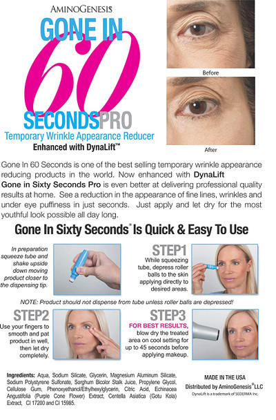 AminoGenesis Gone In Sixty Seconds Pro Instant Temporary Wrinkle Eraser .5 oz, Instant Face Lift Cream Tighten Firm Smooth Under Eye Bags Puffiness Wrinkles