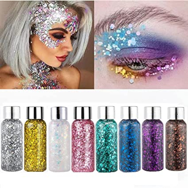 9 Colors Body Glitter Gel For Women & Girls, Glitter Eyeshadow, Easy To Apply & Remove Mermaid Sequins Chunky Glitter For Body Face Hair Nails, Festival Glitter Makeup