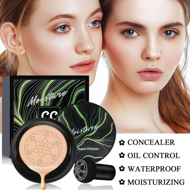 Mushroom Head Air Cushion CC Cream, BB Cream Foundation, Moisturizing Oil Control Concealer, Nude Makeup Long Lasting Full Coverage Liquid Cushion Foundation Matte Concealer