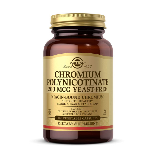 Solgar Chromium Polynicotinate 200 mcg, 100 Vegetable Capsules - Supports Healthy Blood Sugar Metabolism - Niacin-Bound Chromium - Yeast Free, Vegan, Gluten Free, Dairy Free, Kosher - 100 Servings