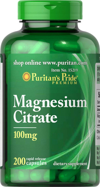 Puritans Pride Magnesium Citrate 100 mg Capsules, 200 Count