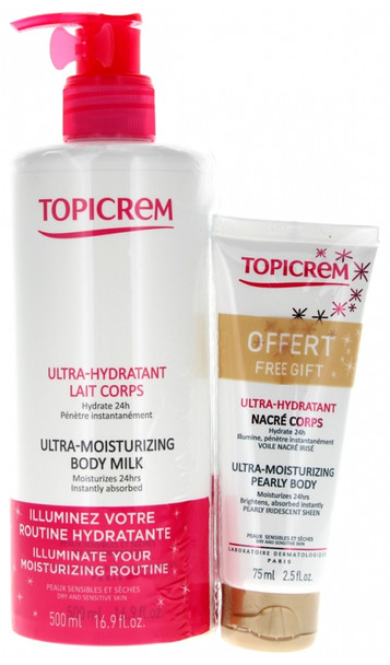 Topicrem Ultra-Moisturising Body Milk 500ml + Pearly Body 75ml Free