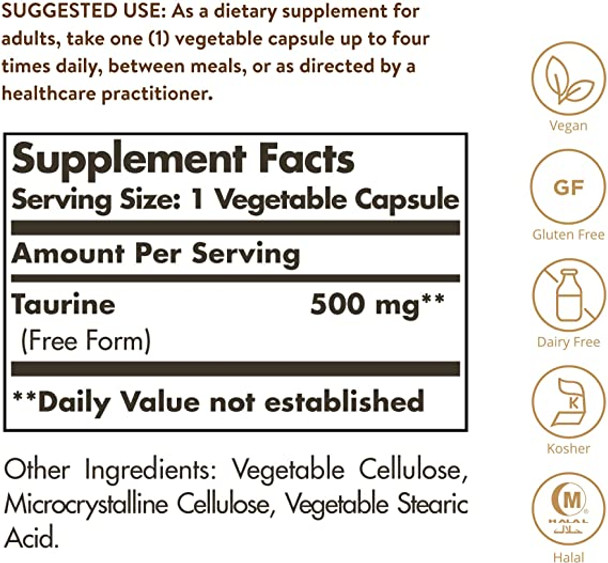 Solgar Taurine 500 Mg, 250 Vegetable Capsules