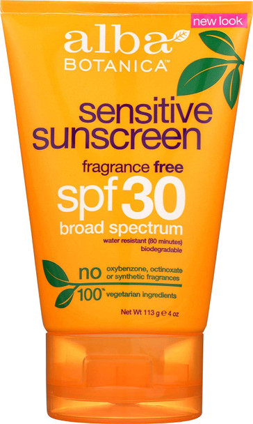 Alba Botanica Sensitive Sunscreen SPF 30, Fragrance Free, 4 Ounce