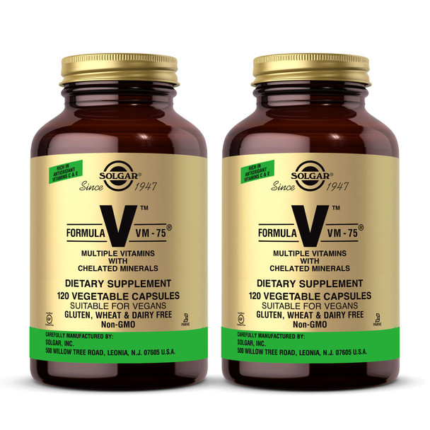 Solgar Formula VM-75, 120 Vegetable Capsules - Pack of 2 - Vitamin A, B6, B12, C, D, E - Biotin, Magnesium, Calcium, Copper, Iron, Zinc, Folic Acid, Niacin - Non-GMO, Vegan - 120 Total Servings