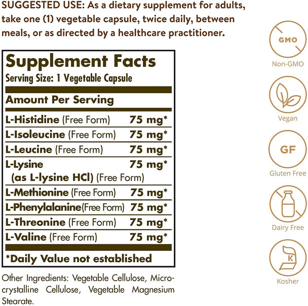 Solgar Essential Amino Complex, 90 Vegetable-Free Form Essential Amino Acids - Non-GMO, Vegan, Gluten Free, Dairy Free, Kosher