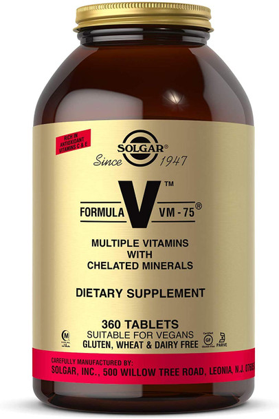 Solgar Formula VM-75, 360 Tablets - Multivitamin with Chelated Minerals - Vitamin A, B6, B12, C, D, E - Biotin, Magnesium, Calcium, Iron, Zinc - Vegan, Gluten Free, Dairy Free, Kosher - 360 Servings