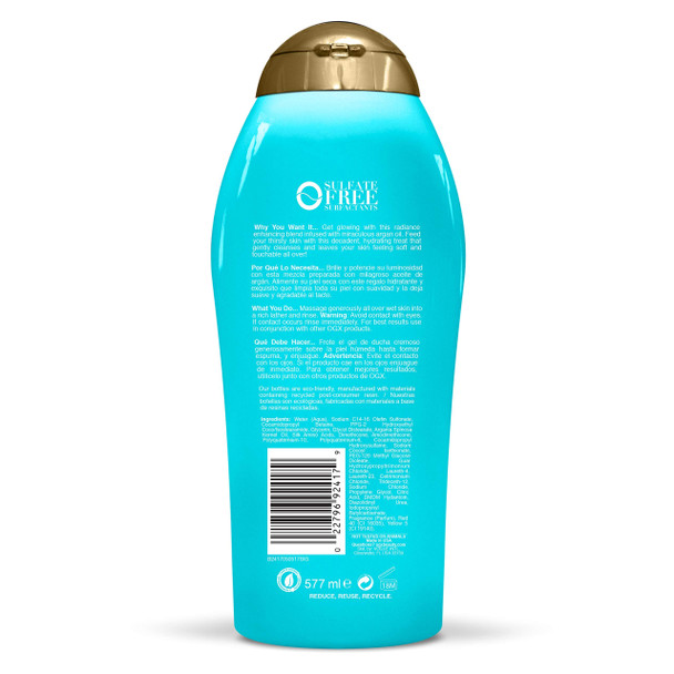 OGX Radiant Glow + Argan Oil of Morocco Extra Hydrating Body Wash for Dry Skin, Moisturizing Gel Body Cleanser for Silky Soft Skin, Paraben-Free, Sulfate-Free Surfactants, 19.5 fl oz