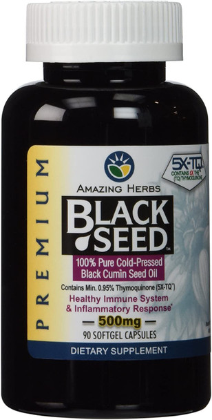 Amazing Herbs Premium Black Seed Oil Capsules - Cold Pressed Nigella Sativa Aids In Digestive Health, Immune Support, Brain Function, Gluten Free, Non Gmo - 90 Count, 500Mg