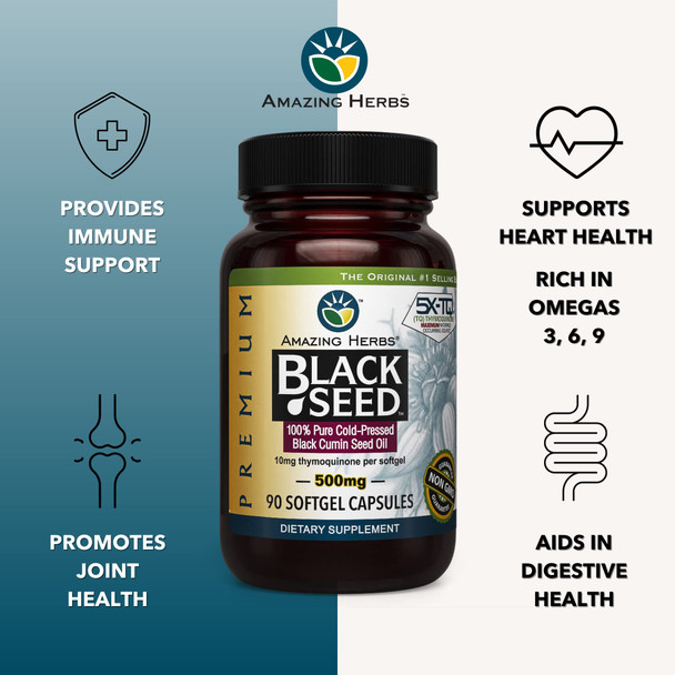 Amazing Herbs Premium Black Seed Oil Capsules - Cold Pressed Nigella Sativa Aids In Digestive Health, Immune Support, Brain Function, Gluten Free, Non Gmo - 90 Count, 500Mg