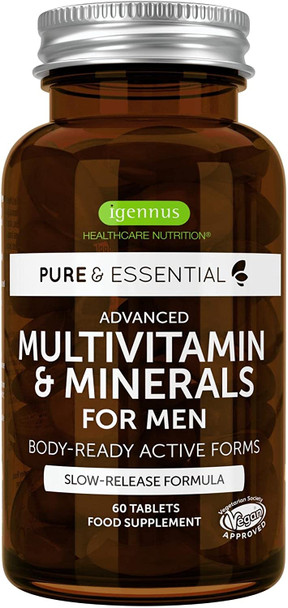 High Strength Vegan Men's Daily Multivitamin Without Iron, Energy, Immunity & Heart Support, Methylated B-Vitamins Plus Lycopene, Clean Label, Slow Release, Chelated Minerals, 60 Tablets, by Igennus