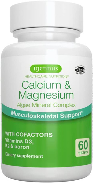 Calcium & Magnesium 2:1, Plant Based Algae Mineral Complex, Bone & Teeth Support, High Absorption Formula with Cofactors Boron, Vitamin D3 & K2, Vegan, 60 Tablets, by Igennus Calcium & Magnesium 2:1, Plant Based Algae Mineral Complex, Bone & Teeth Support, High Absorption Formula with Cofactors Boron, Vitamin D3 & K2, Vegan, 60 Tablets, by Igennus