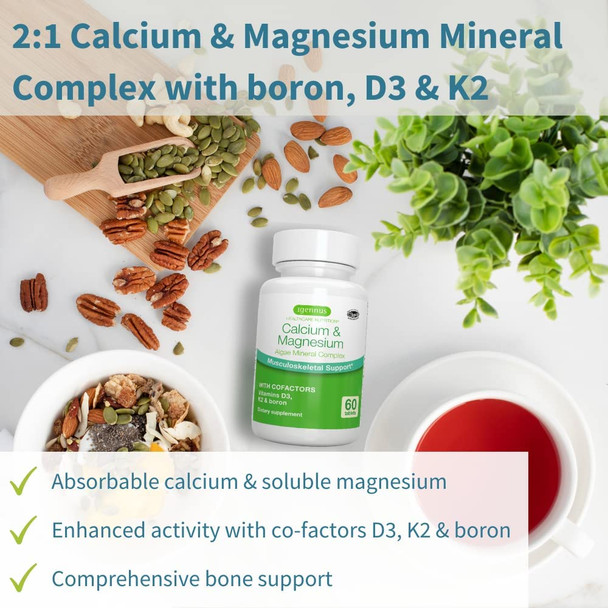 Calcium & Magnesium 2:1, Plant Based Algae Mineral Complex, Bone & Teeth Support, High Absorption Formula with Cofactors Boron, Vitamin D3 & K2, Vegan, 60 Tablets, by Igennus Calcium & Magnesium 2:1, Plant Based Algae Mineral Complex, Bone & Teeth Support, High Absorption Formula with Cofactors Boron, Vitamin D3 & K2, Vegan, 60 Tablets, by Igennus