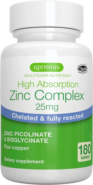 High Absorption Vegan Zinc Complex 25mg with Copper, 180 Tablets, Chelated Zinc Picolinate & Bisglycinate for Immune, Skin and Cellular Health, Non-GMO, 6 Month Supply, by Igennus