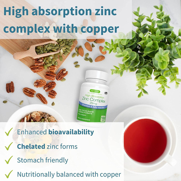 High Absorption Vegan Zinc Complex 25mg with Copper, 180 Tablets, Chelated Zinc Picolinate & Bisglycinate for Immune, Skin and Cellular Health, Non-GMO, 6 Month Supply, by Igennus