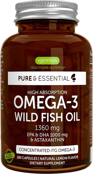 Igennus Healthcare Nutrition Pure & Essential High Absorption rTG, Wild Fish Oil 1360mg, Non-GMO, 2:1 Ratio EPA DHA 1000mg & Astapure Astaxanthin 1mg, Lemon Flavor, 180 Capsules