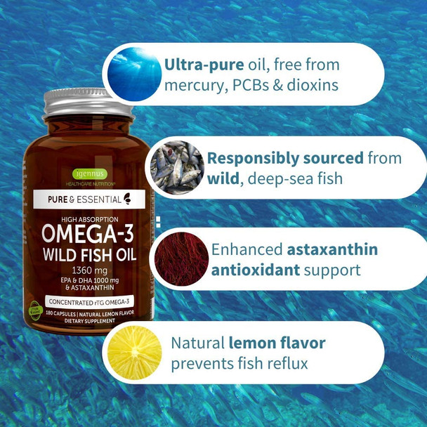 Igennus Healthcare Nutrition Pure & Essential High Absorption rTG, Wild Fish Oil 1360mg, Non-GMO, 2:1 Ratio EPA DHA 1000mg & Astapure Astaxanthin 1mg, Lemon Flavor, 180 Capsules