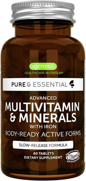 Pure & Essential Advanced Vegan Multivitamin & Minerals For Women With Iron, Methylated Folate, Clean Label, Non-Gmo, Sustained Release, 60 Tablets