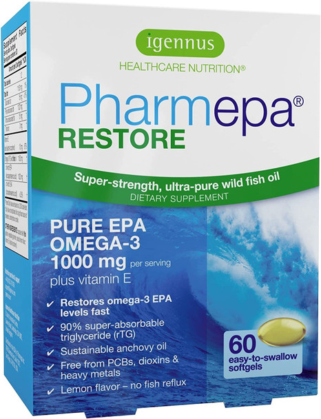 Pharmepa Restore, 1000mg Pure EPA Fish Oil, High Absorption rTG Omega-3, Triple Strength, High-Barrier Blister Packaging, Lemon Flavor, 1-Month Supply, 60 softgels