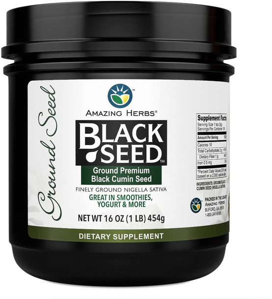 Amazing Herbs Premium Ground Black Cumin Seeds - Finely Ground Nigella Sativa, Gluten Free, Non GMO, Supports Cardiovascular Function & Preserves Digestive Health - 16 Oz