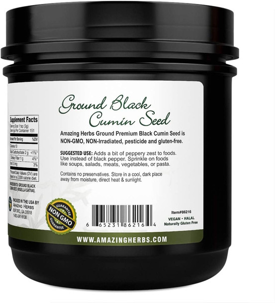 Amazing Herbs Premium Ground Black Cumin Seeds - Finely Ground Nigella Sativa, Gluten Free, Non GMO, Supports Cardiovascular Function & Preserves Digestive Health - 16 Oz