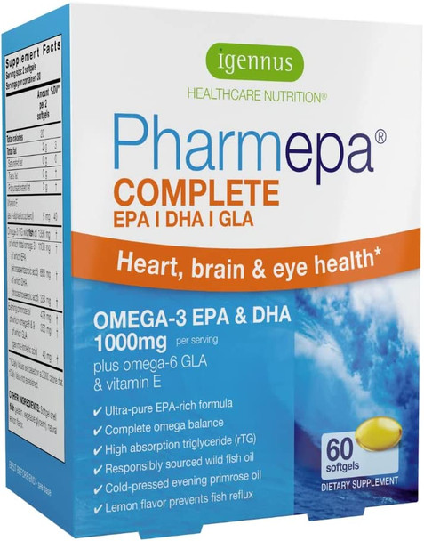 Pharmepa Complete EPA DHA rTG Omega 3 1000mg, High Potency Fish Oil Plus Omega 6 GLA Evening Primrose Oil, Lemon Flavor, 30 Servings