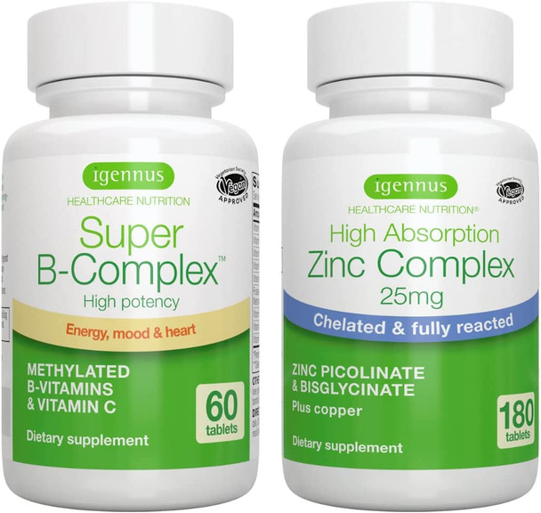 Super B-Complex + Zinc Complex Vegan Bundle, Methylated Sustained Release B Complex + 25Mg Chelated Zinc Picolinate & Bisglycinate With Copper, By Igennus