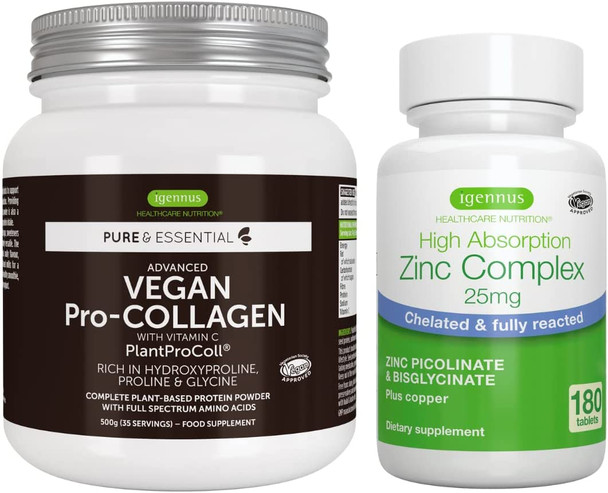 Vegan Collagen Protein Powder + Zinc Complex Vegan Bundle for Skin, Hair, Nails, Complete Collagen Boosting Formula + 25mg Chelated Zinc, by Igennus