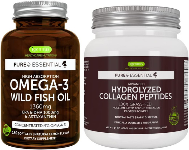 High Absorption Omega-3 Wild Fish Oil & Advanced Hydrolyzed Collagen Peptides Bundle, 1000Mg Epa & Dha With Astaxanthin & 100% Grass Fed Bovine Collagen Protein Powder, By Igennus