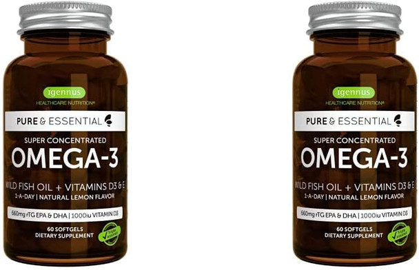 Pure & Essential Omega-3 & D3 1000iu, Fast-Acting rTG, Support Eyes, Heart & Brain Function, 1-a-Day, Highly Concentrated EPA & DHA Wild Fish Oil, Non-GMO (1) (Pack of 2)