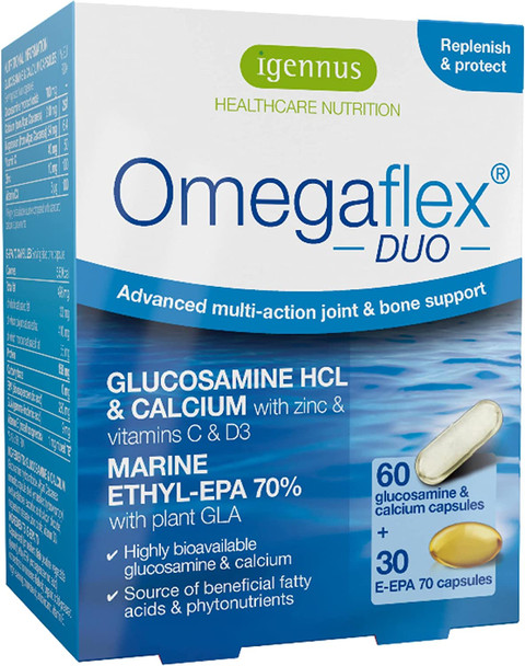 Omegaflex Duo Glucosamine, Algae Calcium & High Strength Omega-3 Fish Oil for Joints & Bones, 60 + 30 Capsules