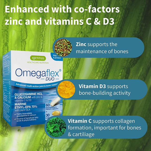 Omegaflex Duo Glucosamine, Algae Calcium & High Strength Omega-3 Fish Oil for Joints & Bones, 60 + 30 Capsules