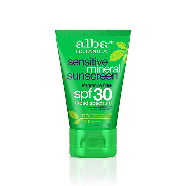 Alba Botanica Sensitive Fragrance Free Mineral Sunscreen Lotion SPF 30, 4 oz. [Packaging May Vary]