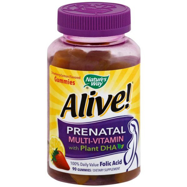 Nature's Way Prenatal Multi-Vitamin Gummies with Plant DHA, Strawberry/Lemon Flavored 90 ea (1 Pack)