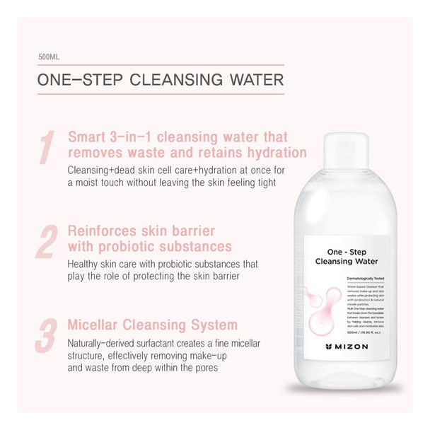 Mizon One Step Cleansing Water, Korean Micellar Water with Probiotics, Gentle and Effective Face Wash, Makeup Remover, Nourishing and Hydrating, Soft Texture for Sensitive Skin (& Mascara)