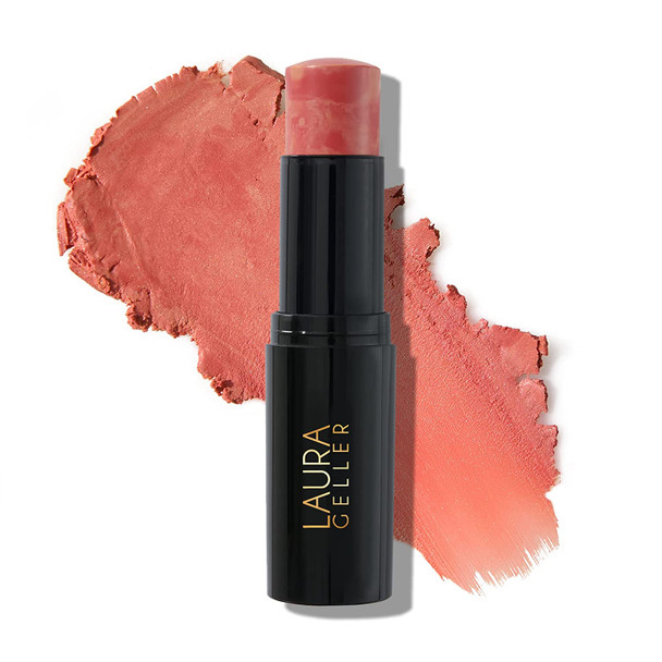 LAURA GELLER NEW YORK Italian Marble Blush Makeup Stick | Cream Finish Marbleized Blush for Cheeks, Apricot Spritz and Blush Brush with Black Wooden Handle & Dense Bristles for Makeup Application