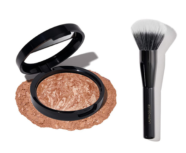 LAURA GELLER NEW YORK Baked Face & Body Frosting 2 Oz Tahitian Glow Bronzer Powder + Full Face Powder Makeup Brush - Even Application and Blending