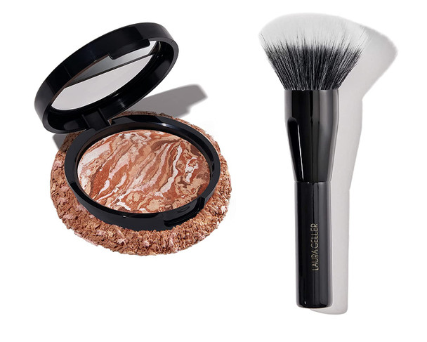 LAURA GELLER Dermatologist Approved Baked Bronze-N-Brighten Bronzer Powder, Medium + Full Face Powder Makeup Brush- Even Application and Blending