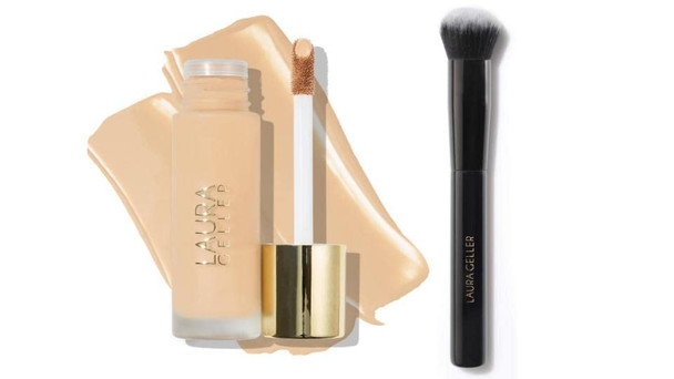 LAURA GELLER Double Take Liquid Foundation, Light - Medium to Full Coverage - Natural Matte Finish & Foundation Makeup Brush Kit (2 PC)