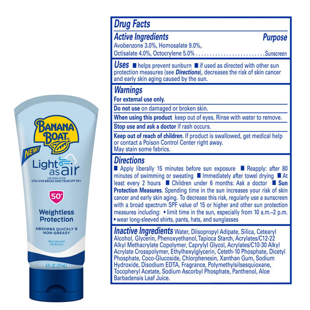 Banana Boat Light As Air Reef Friendly Sunscreen Lotion, Broad Spectrum SPF 50, 6 Ounces - Twin Pack