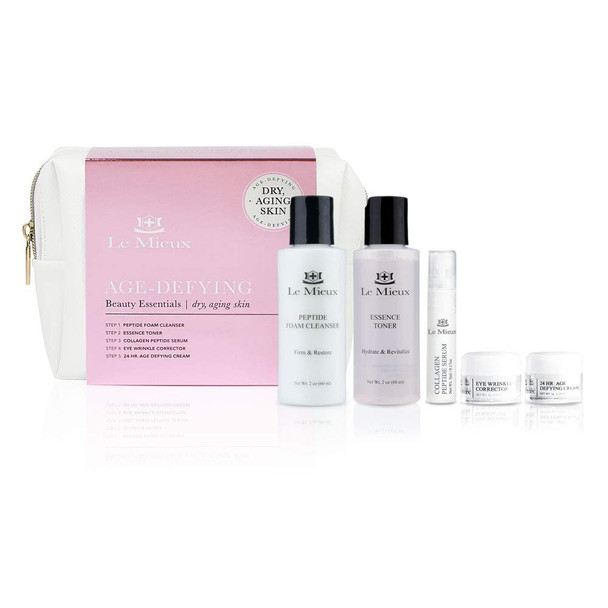 Le Mieux Age-Defying Beauty Essentials for Dry Skin - 5-Piece Luxury Skincare Facial Set - Peptide Foam Cleanser, Essence Toner, Collagen Peptide Serum, Eye Wrinkle Corrector & 24 Hr Age Defying Cream