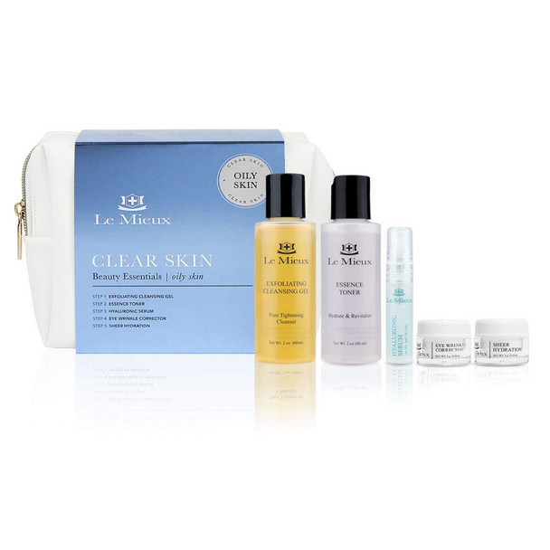 Le Mieux Clear Skin Beauty Essentials for Oily Skin - 5-Piece Skincare Kit - Exfoliating Cleansing Gel, Essence Toner, Hyaluronic Serum, Eye Wrinkle Corrector & Sheer Hydration for Blemish-Prone Skin